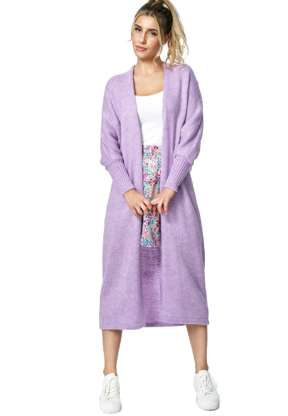 Sweter damski długi bez zapięcia z kimonowym rekawem fioletowy